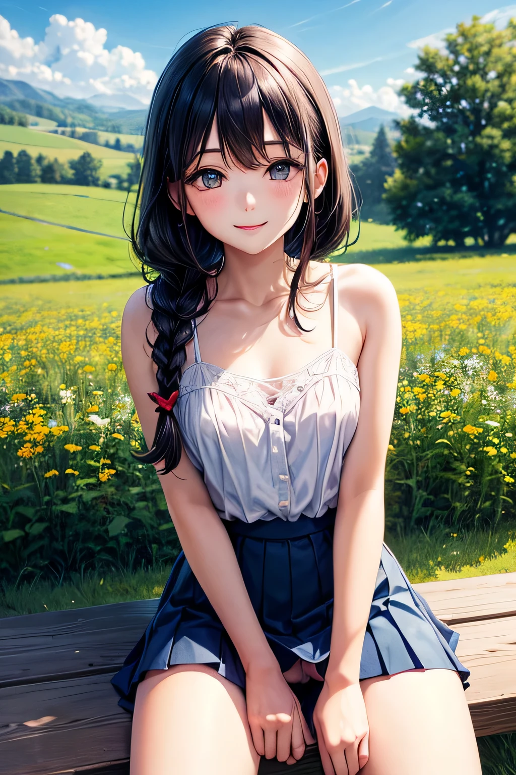 very cute and beautiful girl,(very detailed美しい顔と目:1.2), white camisole,sitting,spread your legs,white panties,dynamic angle break (smile),Happy,looking at the viewer,(blue pleated mini skirt:1.2), rural area,grassland,top of the hill,small colorful flowers,wooden fence,black hair,twin blade, (highest quality,masterpiece:1.2),intricate details,super detailed,very detailed,High resolution, alone,beautiful detailed sky,