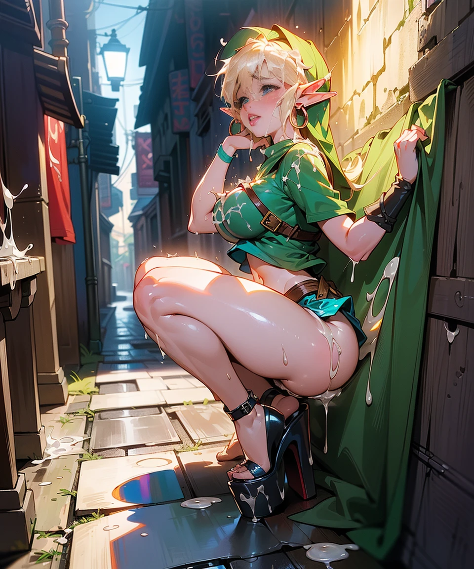 (link:1.6), legend of zelda, GS-Womanly, full body 1girl, (((bimbo))),(hoop earrings, puffy lips, painted lips, thick lips.:1.2) ((platform heels)) blonde hair, thick thighs, bursting breasts, (full skirt),navel, tube top, o-ring top, high resolution,(masterpiece), (photo realistic1.4), ultra high res, best quality, 8k,nsfw,detailed background,(at night,outdoors,narrow alley,back alley of slum:1.6),outdoor unit,pipe,trash,(trash box:1.3),wall, solo_focus,front view,character focus,looking at viewer, (gigantic breasts:1.3),(crying,tears:1.5),thighs, (cumdrip:1.5), (cum string:1.5), (excessive cum:1.5),cum overflow, creampie, cum in pussy, (dirty floor,messy floor:1.3), gabage:1.3, cum on body, (cum on clothes:1.5)