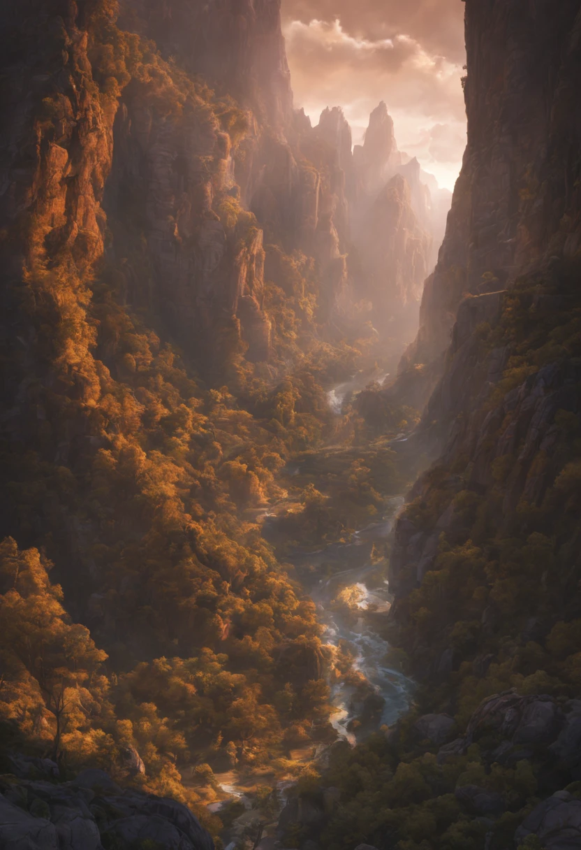 Majestic canyon vistas captured during sunrise or sunset detailed matte painting, deep color, fantastical, intricate detail, splash screen, complementary colors, fantasy concept art, 8k resolution trending on Artstation Unreal Engine 5