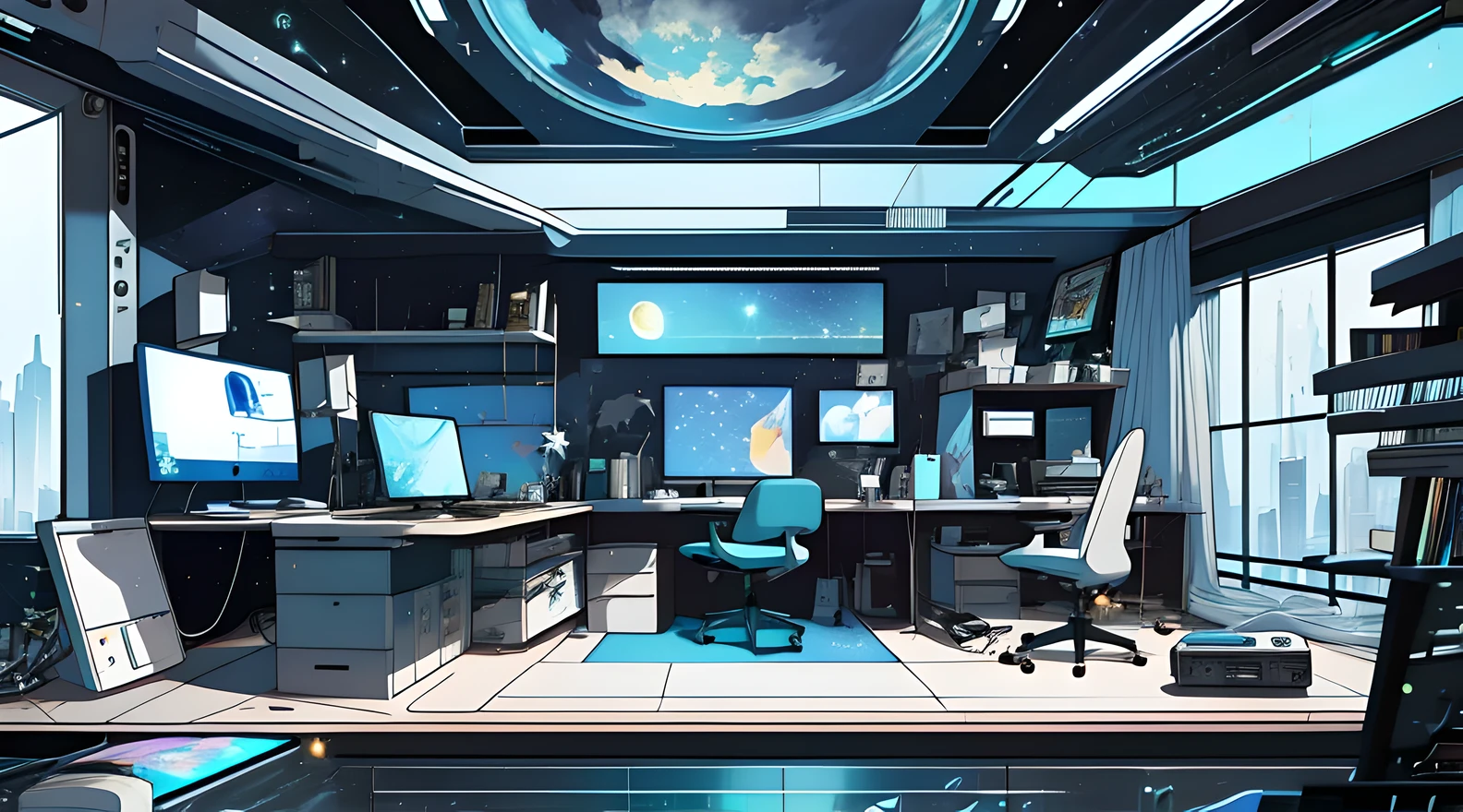 Warm Light Source Cyberpunk Calm Night Tech Bedroom Computer Desk Microphone Lamp Computer Water Dispenser Small Fluorescent Starry Sky Smooth Floor Fox Minimalism Deconstructivism Fragmentation Gorgeous Sculptures Floor-to-ceiling windows Light Bed Camera Chair Game Interface