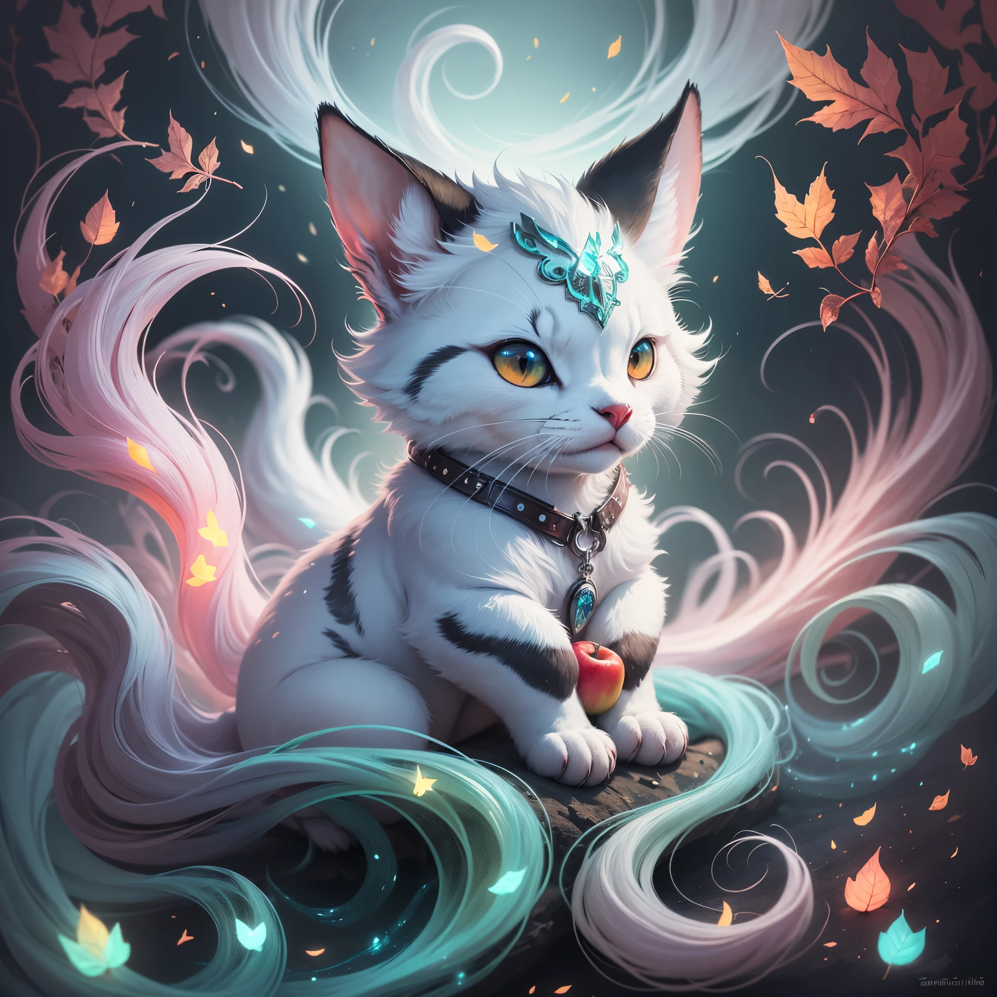 ultra highly detailed, fantasy acrylic painting, a cute chibi fluffy ghost fiberglass clear animal creature, clear creature, ghost creature, apples, emerald swirling smoke, red moon, moonlight, forest, leaves, Jeremiah Ketner. filigree detailed, complex background, dynamic lighting, lights, digital painting, intricated pose, highly detailed filigree, intricated, cute, surreal --auto --s2