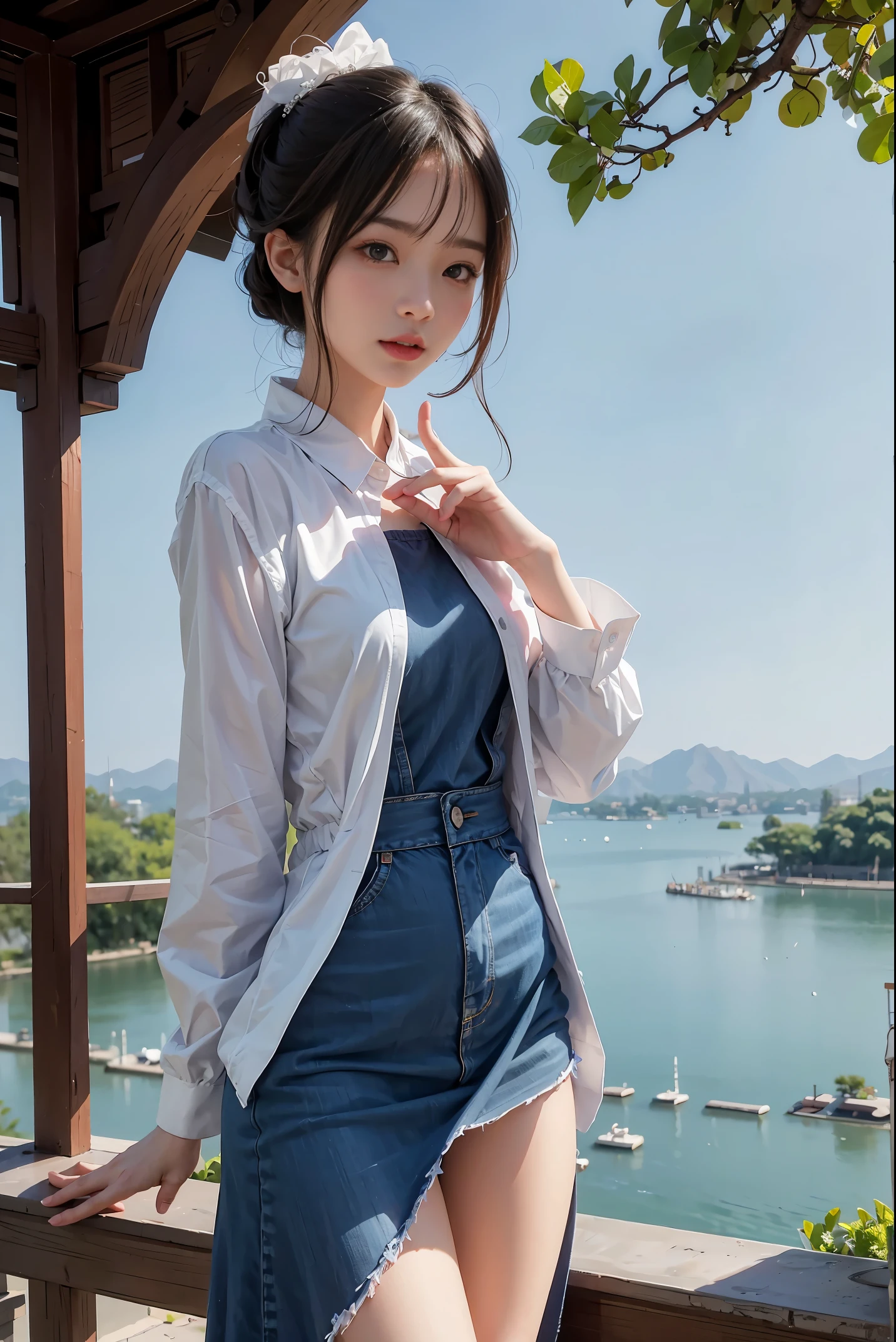 (Raw photo:1.2), (realistic), beautiful detailed girl, highly detailed eyes and face, thin and beautiful eyes, huge file size, High resolution, very detailed, highest quality, [table top:1.6], shape, very detailed, small details, highest quality, 8k wallpaper, movie lighting, One 15-year-old Japanese , flower々Spring plateau in full bloom, The wind is so strong, in the strong wind, Her long skirt is pulled up and her panties are visible., On the warm plateau in spring, bra is visible, A strong wind blows up a long skirt, I can see white pants, slender body, young face, small breasts, exposed cleavage, warm spring storm scene, spring landscape, many spring trees々, Female student stands up to avoid being blown away by the strong wind, pose (standing:1.3)