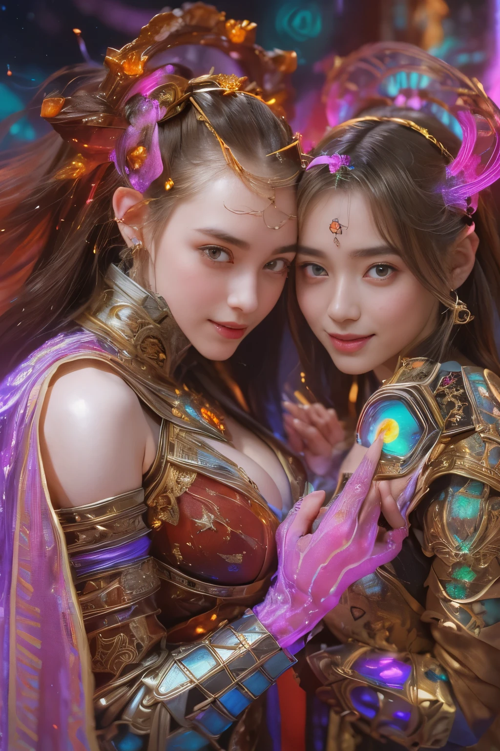 (Two beautiful teenage italian girls:1.6), Close friends, (They are hugging each other:1.2), Kiss her cheek or chest,(Detailed iridescent bodysuit with beautiful fractal or marble design:1.5), Incredible and spectacular scenes, ((High quality)), ((Detailed)), ((Fantasy)), Blue Plasma Brain, Green Plasma Body, Showing her armpits, beutiful breast,  obscenity, (Lewd smile:1.2), coarse, Obscene,  (Immoral:1.2), Lachish, (small breasts with beautiful raised pink areolas,,,:1.5), (Cameltoe), (Expression of ecstasy:1.2), Photorealistic, Official art, Unity 8K Wall , 8K Portrait, Best Quality, Very high resolution, (Incredibly beautiful nature background:1.6), (18 years old:1.5), (Sexy and glamorous:1.1), (A coquettish expression:1.6), (seductively smiling:1.6),  (erotic posing:1.9), (Model Posing:1.8), Beautiful seductive face, Portrait, (Thick eyebrows:1.4), (Big scarlet eyes:1.6), Beautiful eyes with fine symmetry, (Ultra detailed eyes:1.4),(Highly detailed face and eyes:1.7), (High-resolution red-eye:1.8), Intimate face, (ultra detailed skin texture:1.4), White skin, pale skin, Perfect Anatomy, Thin, (Beautiful toned body:1.5), Highly detailed hair,  (Moist skin:1.2), No makeup, (dark circles:1.1), Good anatomy, Focus Face, good-looking, (Emilia Clark:0.6) (Emma watson:0.3),(Jennifer Connelly:0.4),  Elegant face, Nice,  (A delicately crafted necklace is wrapped around her neck...), (Bioluminescence with brilliant brilliance:1.4), (Luminous magic circle:1.5), Ruins of an ancient castle, Shining majestic cloud masses and sky, lightning bolt, Epic Realistic, (Greg Rutkowski:0.8), (teal and orange:0.4), (Art Station:1.5), Cinematic, (NSFW:1.2),  Hyper Detailed, Dramatic light, (Intricate details:1.1), Beautiful black hair,　(Wearing a gauntlet with a dense and very beautiful design decorated with jewels:1.1), Small chest, Galaxy, (nebulas:1.6), The Dark Knight, Fully armored body focus