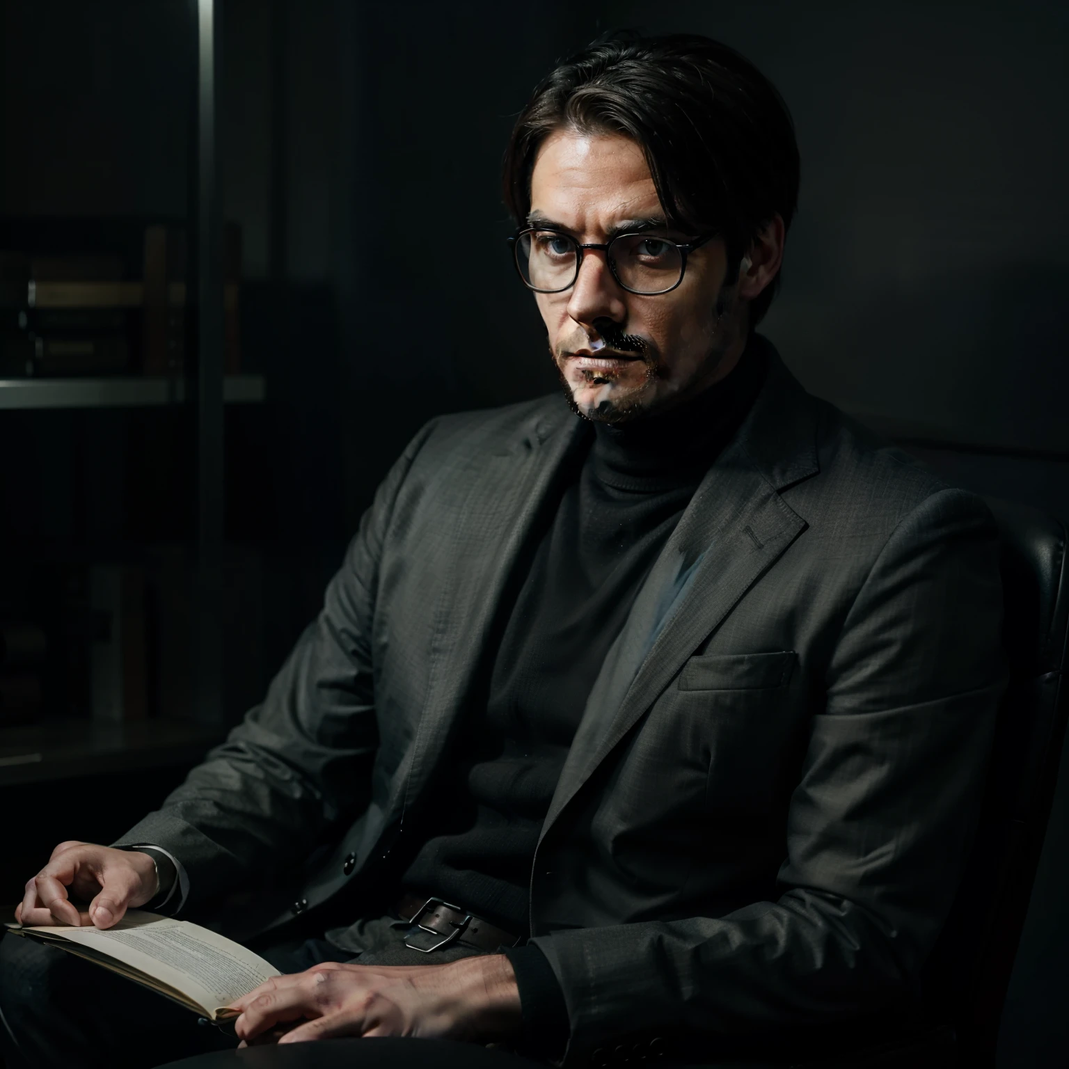 A horror story script male presenter sitting on a chair with scary looks and engaging to viewers with glasses on. The background should be dark and suspense