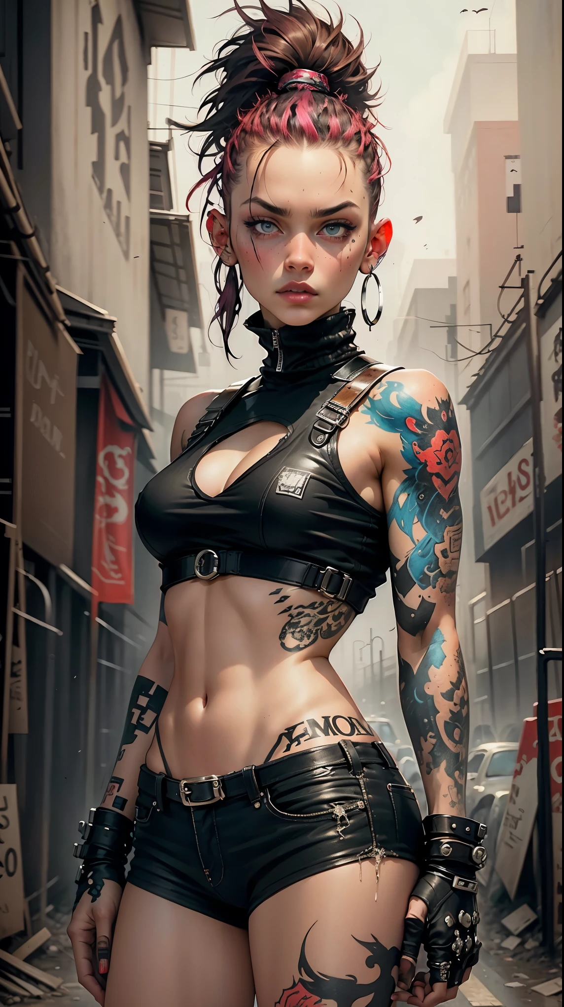 Young punk woman with red mow hawk and piercings and tattoos, Punk, Evocative, Dynamic, Distorted, Chaos, Raw, Desolation, Grit, Urban, Angst, Brian M. Viveros, Watercolor, intricate details, highly detailed
