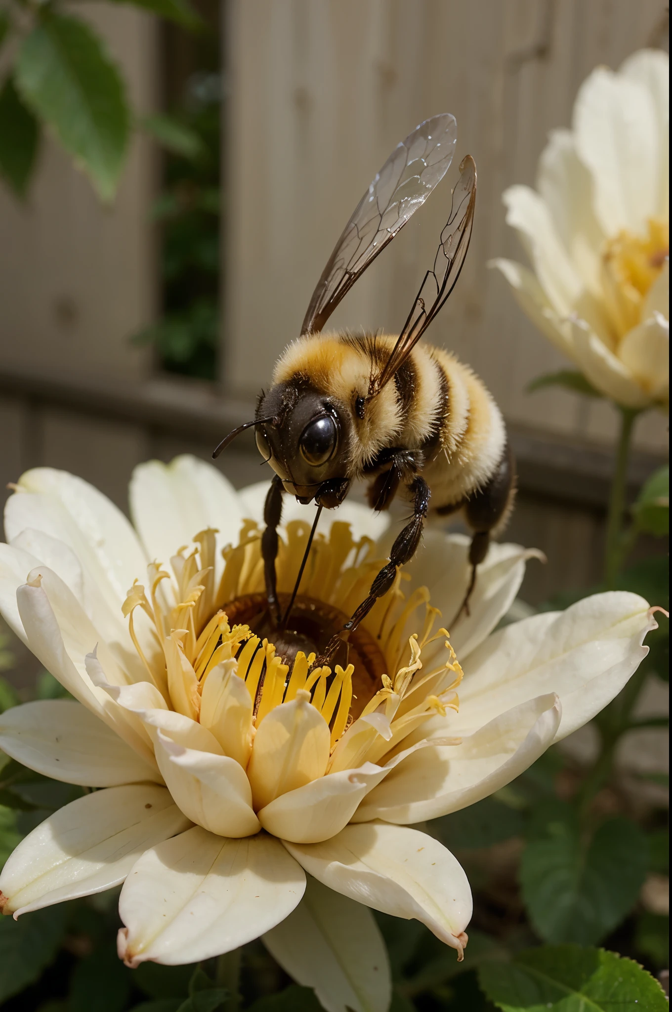 Macro shot of a bee, highly detailed, hyperealistic, on a yellow flower, eaten by a spider