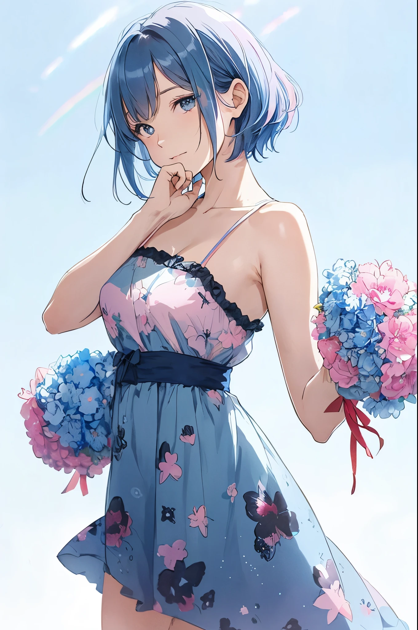 (blurry background:1.3), (blue background:1.3), (extremely detailed fine touch:1.3), (hard light, studio light, light rays, dappled light, reflection, shadows, ray tracing:1.0), (rough sketch:1.3), ///, kawaii girl, blue short hair, girly dress, night, star, milky way, horizon, sky, clouds, rainbow, stars, (milky way:1.3), wind, city, upper body, tower, black flower, (pink cloud:1.3), (red flower:1.3), profile