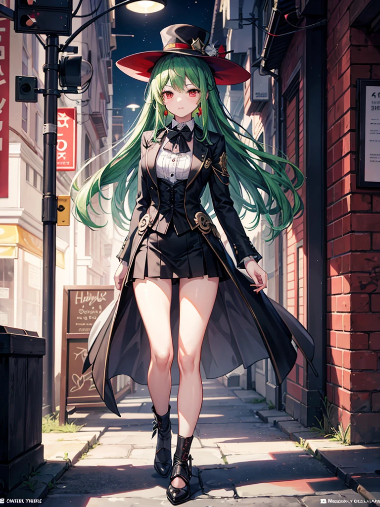 （（（masterpiece、Highest image quality、highest quality、highly detailed unity 8ｋwallpaper）））、（（Illustration of one girl））、（（（beautiful girl）））、（（green hair、long hair、straight、red eyes））、（（Men：1.2、silk hat、tuxedo））、steampunk、chimney、１９street corner of the century
