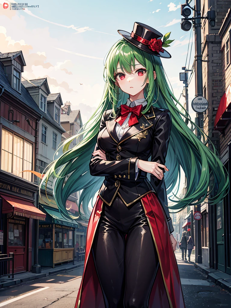 (((masterpiece、Highest image quality、highest quality、highly detailed unity 8kwallpaper)))、((Illustration of one girl))、(((beautiful girl)))、((green hair、long hair、straight、red eyes))、((Men:1.2、silk hat、tuxedo))、steampunk、chimney、19street corner of the century