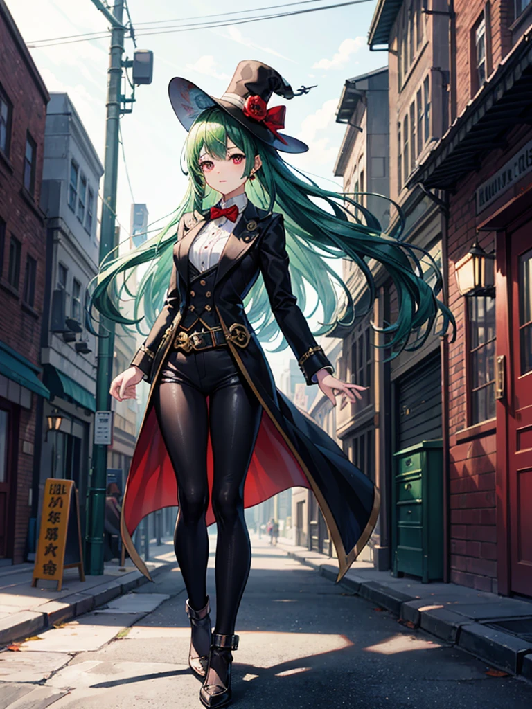 （（（masterpiece、Highest image quality、highest quality、highly detailed unity 8ｋwallpaper）））、（（Illustration of one girl））、（（（beautiful girl）））、（（green hair、long hair、straight、red eyes））、（（Men：1.2、silk hat、tuxedo））、steampunk、chimney、１９street corner of the century