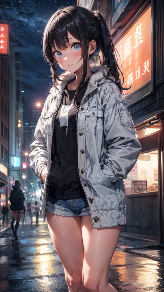 (Enrich the picture,Masterpiece level quality,)Beautiful 8K CG artwork,1girl,solo,detailed face, perfect face, perfect eyes,blue eyes,Long Hair, pony tail,Very long hair,grey hair,chuckle,Slim and soft,big breasts,Black Bikini,denim short shorts,open shorts,oversized white fur coat,white coat,(((((hands in pocket,)))))combat boots,outdoors,night,neon lights,