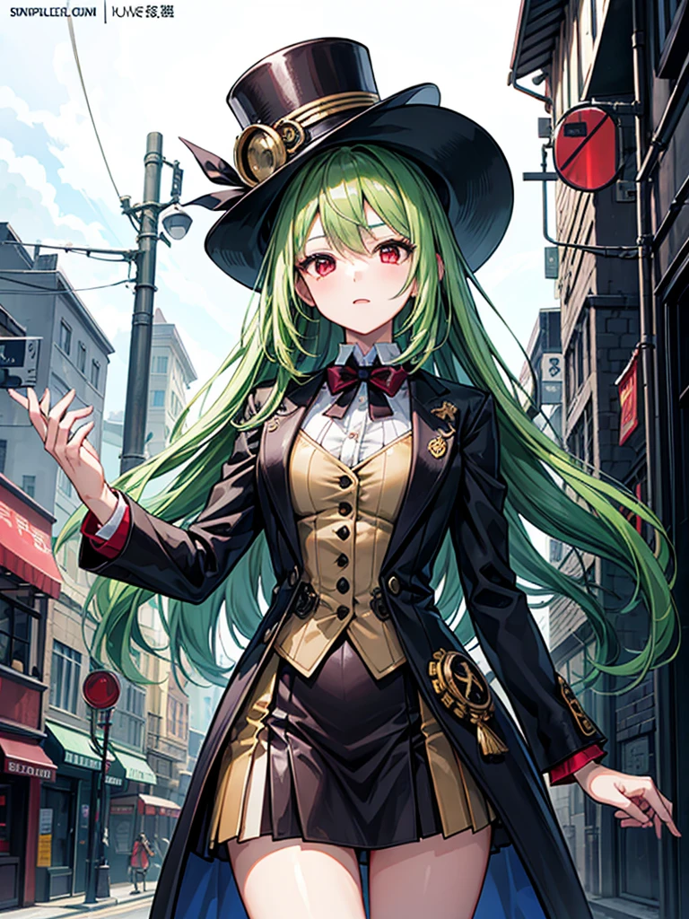 （（（masterpiece、Highest image quality、highest quality、highly detailed unity 8ｋwallpaper）））、（（Illustration of one girl））、（（（beautiful girl）））、（（green hair、long hair、straight、red eyes））、（（Men：1.2、silk hat、tuxedo））、steampunk、chimney、１９street corner of the century