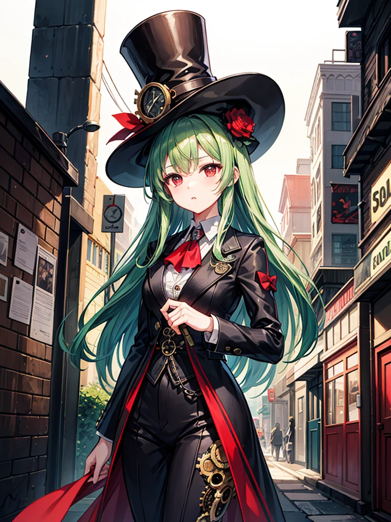 （（（masterpiece、Highest image quality、highest quality、highly detailed unity 8ｋwallpaper）））、（（Illustration of one girl））、（（（beautiful girl）））、（（green hair、long hair、straight、red eyes））、（（Men：1.2、silk hat、tuxedo））、steampunk、chimney、１９street corner of the century