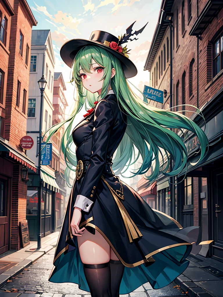 （（（masterpiece、Highest image quality、highest quality、highly detailed unity 8ｋwallpaper）））、（（Illustration of one girl））、（（（beautiful girl）））、（（green hair、long hair、straight、red eyes））、（（Men：1.2、silk hat、tuxedo））、steampunk、chimney、１９street corner of the century