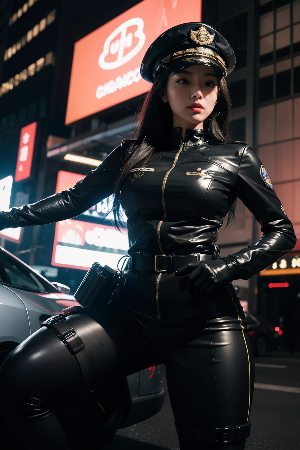 Highest image quality，Excellent details，ultra high resolution，a girl，Mecha，She is wearing sexy uniform，Hold the gun in both hande physically fit，Sexy and strong，Detailed ane muscle lines，dynamic poses，night，Future city street view background，neon lights，sense of technology，future technology，Very detailed cyberpunk style，cyberpunk characters，very detailed制服，very detailed警帽，badges，wear police cap，very detailed，Lots of detail蓝牙耳机，intercom，Wireless devices，Lots of detail，very detailed装备，A highly detailed，street frontage，Full body image，Look from the bottom up，Look from the bottom up, look at the audience
