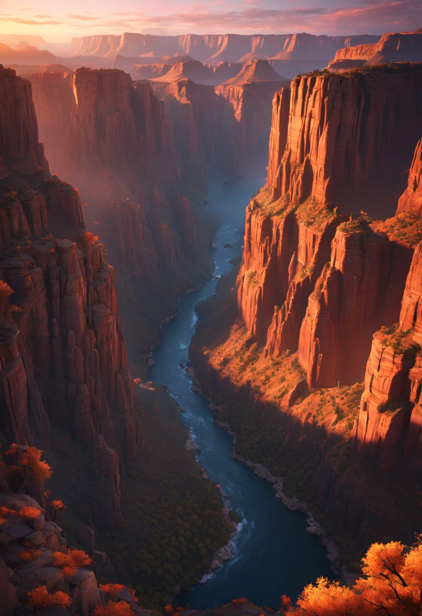 Majestic canyon vistas captured during sunrise or sunset detailed matte painting, deep color, fantastical, intricate detail, splash screen, complementary colors, fantasy concept art, 8k resolution trending on Artstation Unreal Engine 5