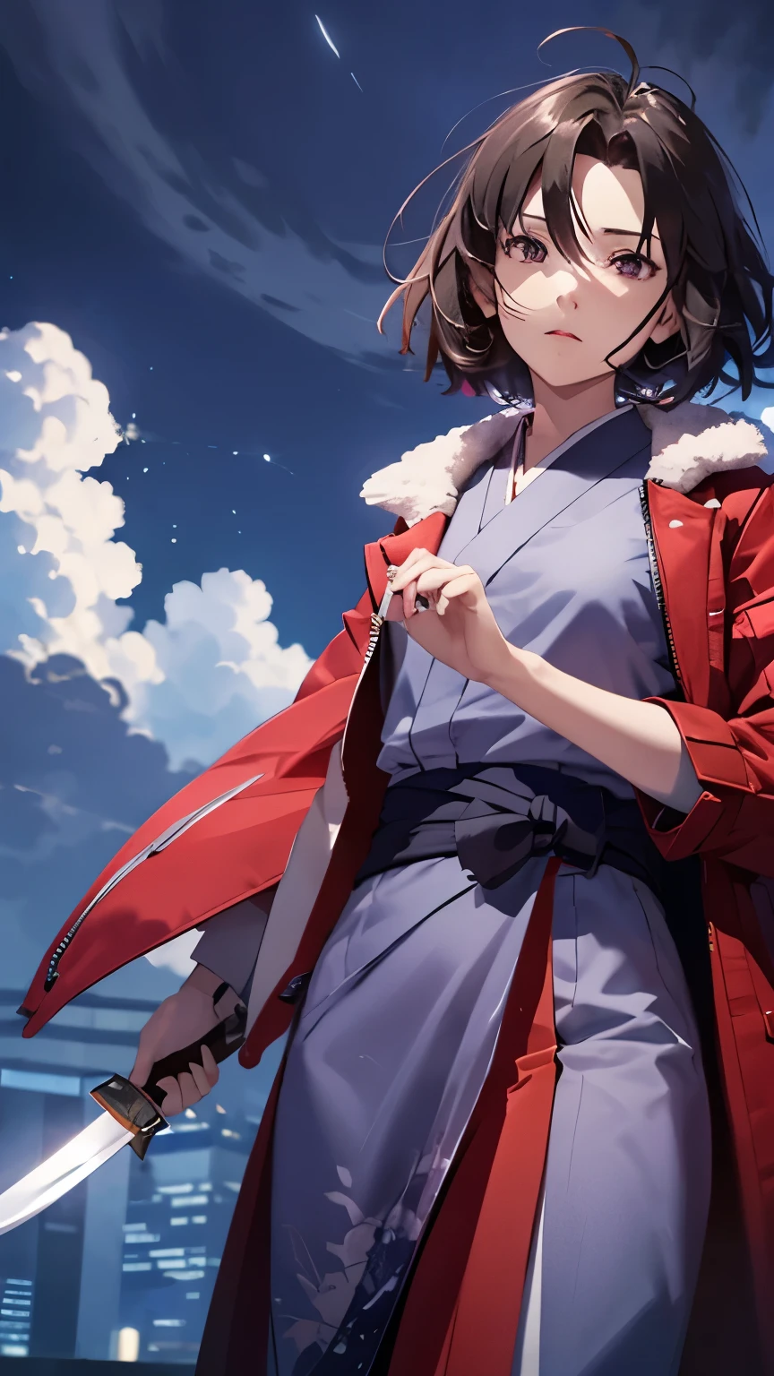 ShikiCasualCloth, SrAssassin, 1girl, solo, building, closed mouth, cloud, cloudy sky, hand in pocket, holding, holding knife, holding weapon, knife, looking at viewer, night, outdoors, sky, standing, weapon
 