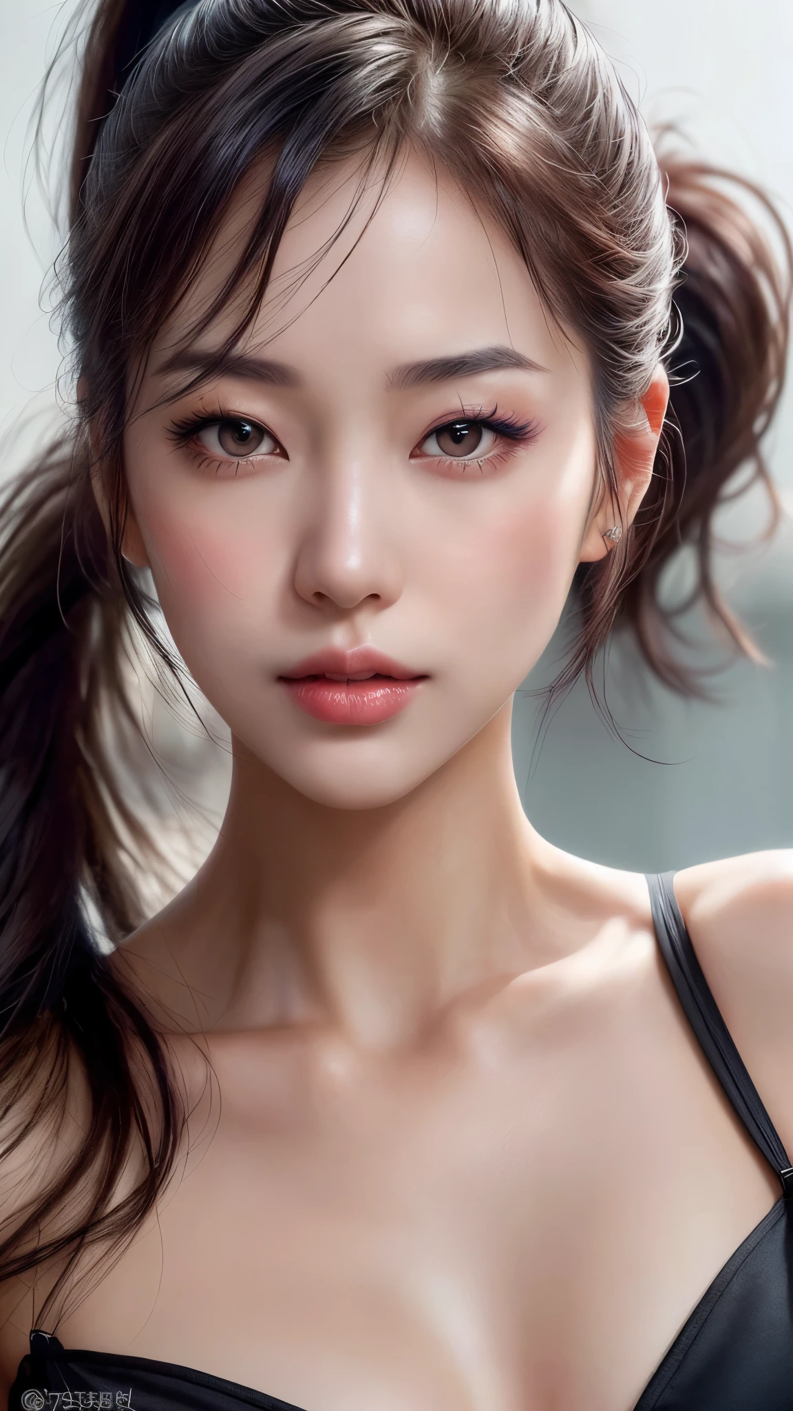 dressed, (photo realistic:1.4), (hyper realistic:1.4), (realistic:1.3), (smoother lighting:1.05), (increase cinematic lighting quality:0.9), 32K, 1girl,25yo girl, realistic lighting, backlighting, light on face, ray trace, (brightening light:1.2), (Increase quality:1.4), (best quality real texture skin:1.4), finely detailed eyes, finely detailed face, finely quality eyes, (((face close-up shot))), bikini, korean girl, (Increase body line mood:1.1), (Increase skin texture beauty:1.1), (light makeup, [[pink lipstick]], eyeliner), ((dark-Brown eyes)), (dark long (hair between eyes, front ponytail), extremely detailed), with a perfect body, super fine face