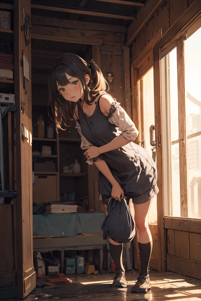 The girl ((leans down)), ((side view:0.5))
