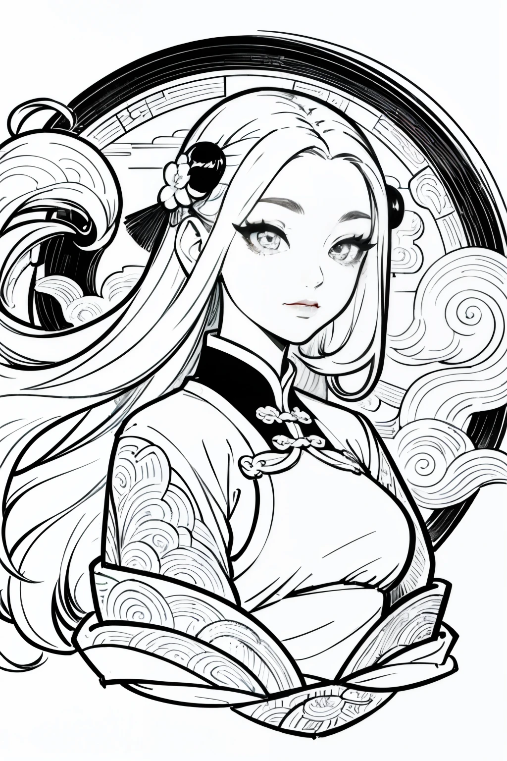 (Cloisonnism:1.2), White background , 1 Long haired Chinese girl head, Oriental elements, reasonable design, Clear lines, (lineart, monochrome)