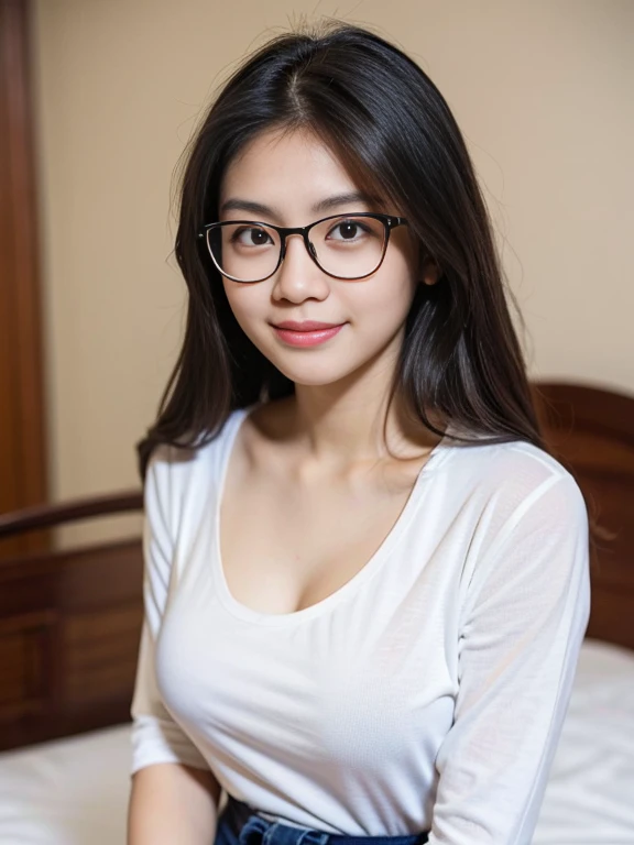 Classy chinese-malay girl with a perfect smile, looking straight to the camera, professional photography, professional lighting, portrait: 1.4, 85mm, midshot, waist shot, mirrorless camera, village blur background, bokeh, large breast, sleeve, modest, fluffy wavy hair, highlight on hair, slim figure, huge breast, see_through thin cloths, perfect body, traditional, high quality, pretty face, innocent face, ((wearing tight white tshirt)), cleavage, sexy, 21 yo, ((wearing frameless glasses)), full body shot, sitting at side of bed