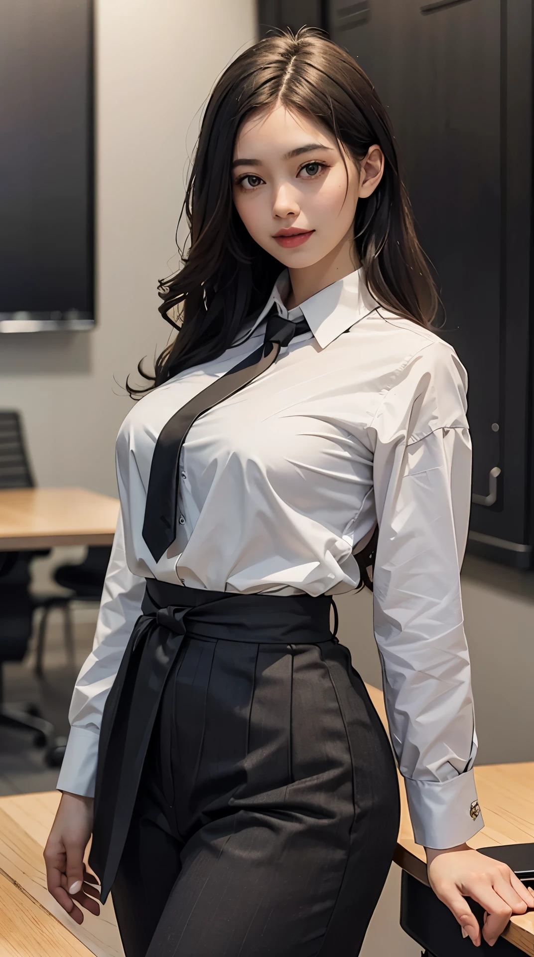 (best quality, 4k, 8K, high resolution, masterpiece:1.2), Super detailed, (actual, photoactual, photo-actual:1.37), (beautiful and delicate eyes, Beautiful and delicate lips, Extremely detailed eyes and face), studio lighting, Physically based rendering, Bright color tits, Super big奶, Super big), ((waist)), (business skirt suit, business shirt:1.picture, smile and laugh), (High light lighting conference room:1.5),