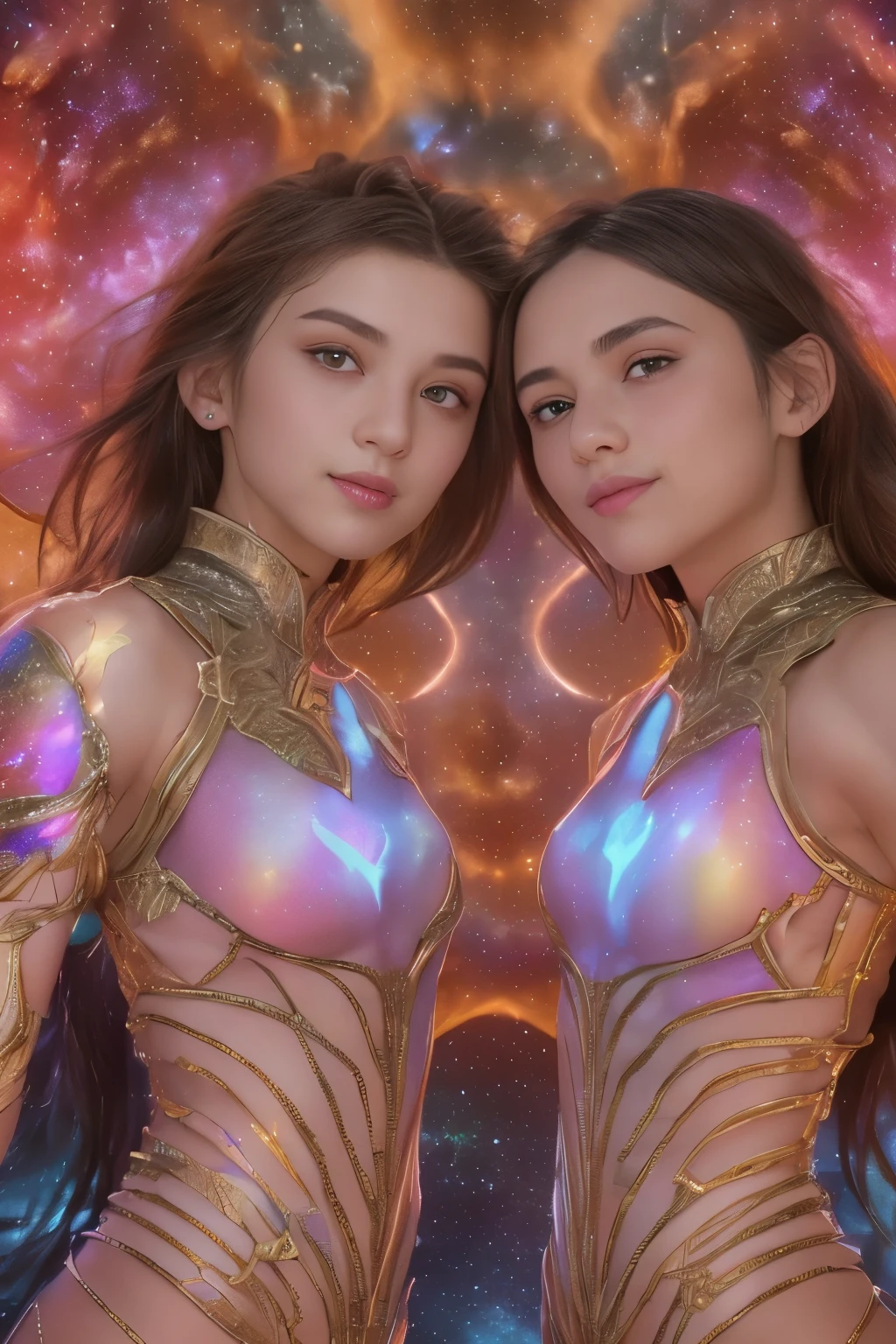 (Two beautiful teenage italian girls:1.6), Close friends, (They are hugging each other:1.2), Kiss her cheek or ?????,(Detailed iridescent ???????? with beautiful fractal or marble design:1.5), Incredible and spectacular scenes, ((High quality)), ((Detailed)), ((Fantasy)), Blue Plasma Brain, Green Plasma Body, Showing her armpits, beutiful ??????,  ?????????, (???? smile:1.2), coarse, ???????,  (Immoral:1.2), Lachish, (small ??????? with beautiful raised pink ???????,,,:1.5), (????????), (Expression of ???????:1.2), Photorealistic, Official art, Unity 8K Wall , 8K Portrait, Best Quality, Very high resolution, (Incredibly beautiful nature background:1.6), (18 years old:1.5), (???? and glamorous:1.1), (A coquettish expression:1.6), (seductively smiling:1.6),  (?????? posing:1.9), (Model Posing:1.8), Beautiful ????????? face, Portrait, (Thick eyebrows:1.4), (Big scarlet eyes:1.6), Beautiful eyes with fine symmetry, (Ultra detailed eyes:1.4),(Highly detailed face and eyes:1.7), (High-resolution red-eye:1.8), Intimate face, (ultra detailed skin texture:1.4), White skin, pale skin, Perfect ???????, Thin, (Beautiful toned body:1.5), Highly detailed hair,  (Moist skin:1.2), No makeup, (dark circles:1.1), Good ???????, Focus Face, good-looking, (Emilia Clark:0.6) (Emma watson:0.3),(Jennifer Connelly:0.4),  Elegant face, Nice,  (A delicately crafted necklace is wrapped around her neck...), (Bioluminescence with brilliant brilliance:1.4), (Luminous magic circle:1.5), Ruins of an ancient castle, Shining majestic cloud masses and sky, lightning bolt, Epic Realistic, (Greg Rutkowski:0.8), (teal and orange:0.4), (Art Station:1.5), Cinematic, (????:1.2),  Hyper Detailed, Dramatic light, (Intricate details:1.1), Beautiful black hair,　(Wearing a gauntlet with a dense and very beautiful design decorated with jewels:1.1), Small ?????, Galaxy, (nebulas:1.6), The Dark Knight, Fully armored body focus