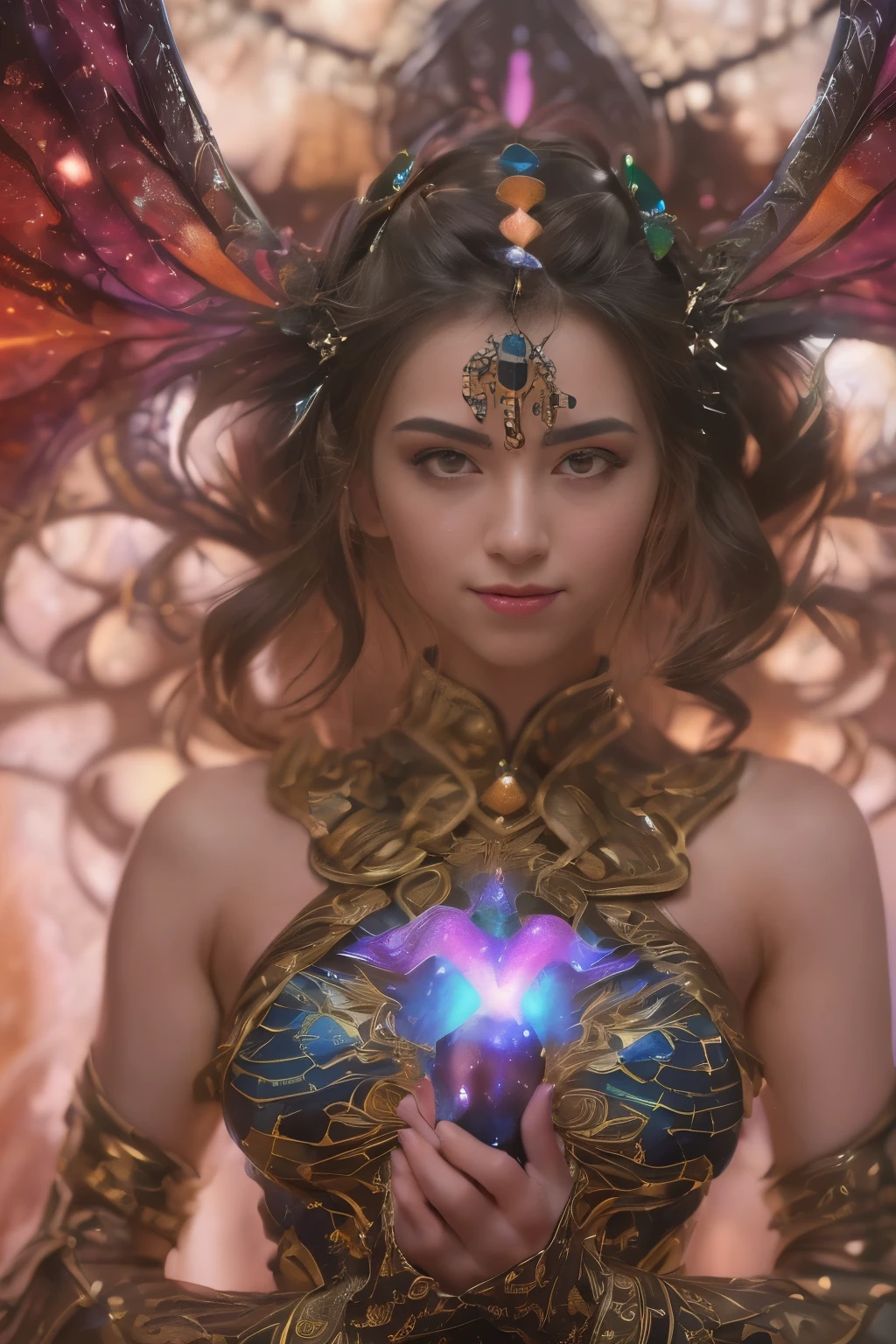 (Detailed iridescent bodysuit with beautiful fractal or marble design:1.5), (Beautiful and d delicate ruby, topaz, emerald and sapphire jewelry:1.6), Complex and colorful biomechanical bodysuit, Zentangle, mandalas, Entangled, Vulgarity, beutiful breast, (Open legs:1.4), obscenity, (Lewd smile:1.2), coarse, Obscene, mean, (raunchy:1.2), (Immoral:1.2), Lachish, (small breasts with raised areolas,:1.6), (Cameltoe), (Expression of ecstasy:1.2), Photorealistic, Official art, Unity 8k wallpapr, 8K Portrait, Best Quality, Very high resolution, (Incredibly beautiful nature background:1.6), One girl, One beautiful age italian girl, (14 y), (Sexy and glamorous:1.1), (A coquettish expression:1.6), (seductively smiling:1.2), (Full body), (erotic posing:1.5), (Magic Attack Pose:1.6),(magical effects like sparkles or energy:1.5), (Electric shock from hands:1.1), Beautiful seductive face, Portrait, (Thick eyebrows:1.2), (Big purple eyes:1.2), Beautiful eyes with fine symmetry, (Ultra detailed eyes:1.4), (High resolution eyes:1.1), Intimate face, (ultra detailed skin texture:1.4), White skin, pale skin, Perfect Anatomy, Thin, (Beautiful toned body:1.1), Hair Bow, (Moist skin:1.1), full of sweat, No makeup, dark circles, Good anatomy, Focus Face, good-looking, (Emilia Clark:0.6) (Emma watson:0.3),(Jennifer Connelly:0.4), (sensual face:1.5), Elegant face, Nice, Dolce, Cyberpunk Sci-Fi, (Gauntlets with intricate and beautiful designs:1.2), Blurred background, Blurred foreground, depth of fields, (Motion Blur:1.1), (Small breasts:1.2), Sheer breast, (beautiful boob:1.2), (NSFW:1.2), large hips, drivel, Juice stain, grabbing on breasts, (Slim and toned body:1.5), (four fingers a thumb:1.2) , Good numbers, (Low-cut punk medieval armor:1.2), (Bright chrome gold lingerie with sharp reflections:1.2) (Pedras preciosas:1.2)