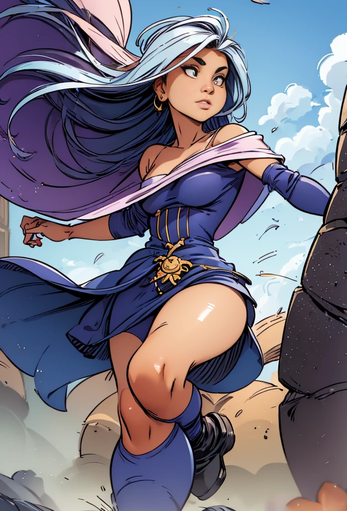 highly insanely detailed, masterpiece, top quality, best quality, highres, 4k, 8k, RAW photo, (1girl),solo,nubia, fur trim, dark hair,(long hair), dreadlocks,dark skinned female, bikini armor, pauldron, headdress, pelvic curtain, belt, cape, gauntlets, gold armor, greaves, hair ornament, vambraces,
nsfw,
watercolor, lineart,
brown eyes,
floating hair,
night, ruins,
large breasts,
full body,
blue dress,
sitting,
blurry background,barefoot,
looking at viewer,
(random colors), (dynamic colors), <lora:Nubia_v01-000003:0.80>