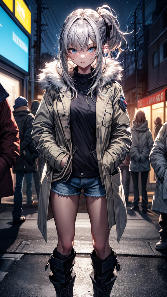 （Enrich the picture，Masterpiece level quality,）Beautiful 8K CG artwork,1girl,solo,detailed face, perfect face, perfect eyes,blue eyes,Long Hair, pony tail,Very long hair,grey hair,chuckle,Slim and soft,big breasts,Black Bikini,denim short shorts,open shorts,oversized white fur coat,white coat,(((((hands in pocket,)))))combat boots,outdoors,night,neon lights,