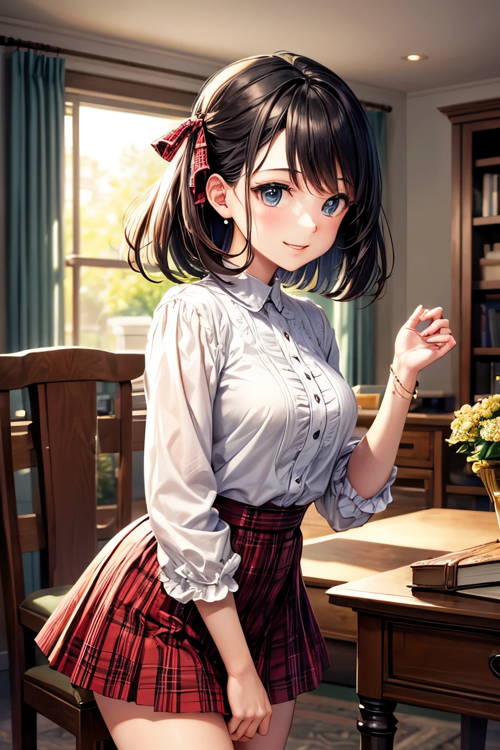 very cute and beautiful girl,(highly detailed beautiful face and eyes:1.2),(smile),cowboy shot,
(white blouse with detailed frills),long sleeve BREAK standing,skirt lift,white panties,
dynamic angle,hair ribbon,black hair,hime cut,(scarlet plaid mini skirt)
 BREAK living room,flowers in vase,wooden desk,(bookshelf:0.9),jewelry box,european carpet,distant trees,
(best quality,masterpiece:1.2),(intricate details),extremely detailed,highres,solo,
cinematic scene,hair fluttering in the wind,