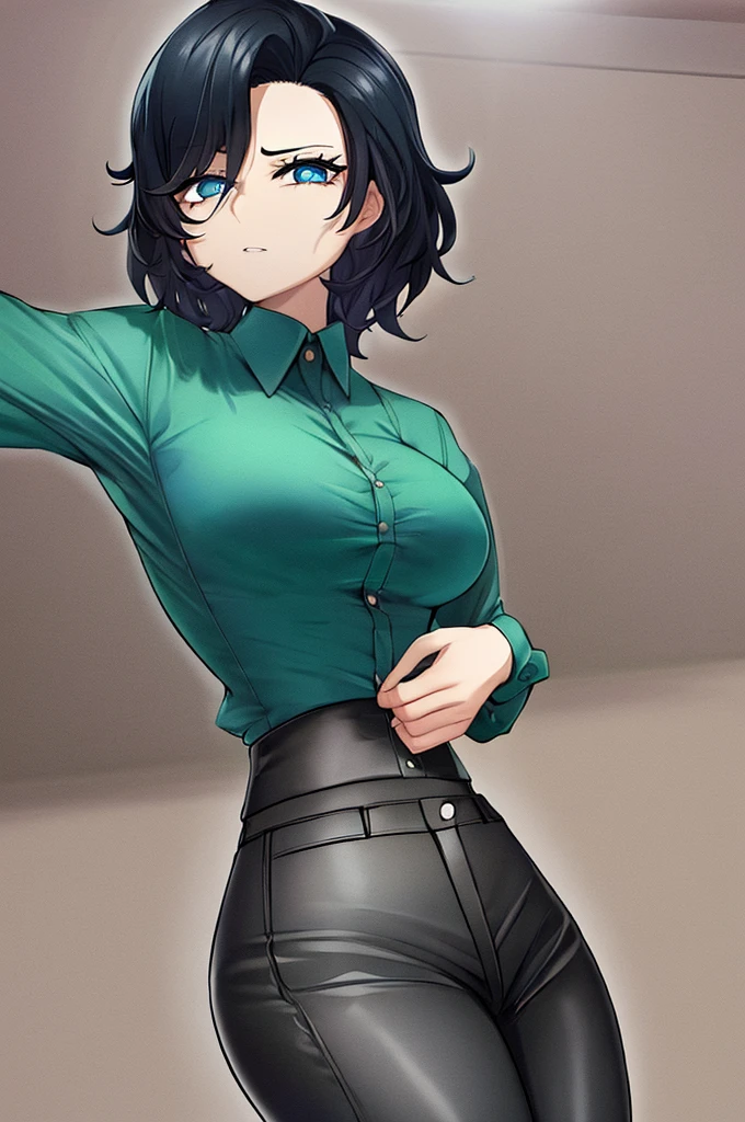 woman, short pixie black hair, blue ringed eyes, green shirt, black corset, black pants