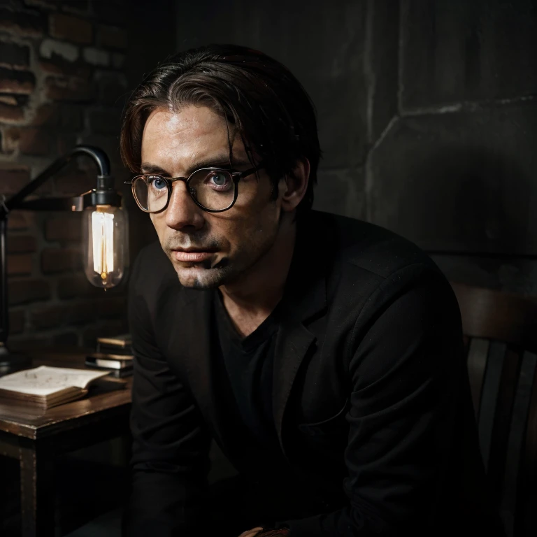 A horror story script male presenter sitting on a chair with scary looks and engaging to viewers with glasses on. The background should be dark and suspense. The face and eyes should create an effect on the viewers. Age should be above 50 years. Background should have a bulb, books and dark wall.