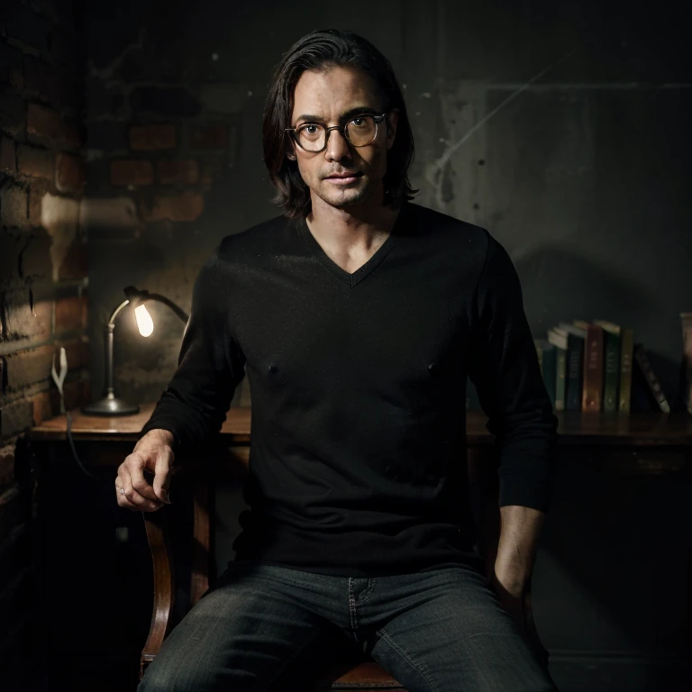 A horror story script male presenter sitting on a chair with scary looks and engaging to viewers with glasses on. The background should be dark and suspense. The face and eyes should create an effect on the viewers. Age should be above 50 years. Background should have a bulb, books and dark wall.