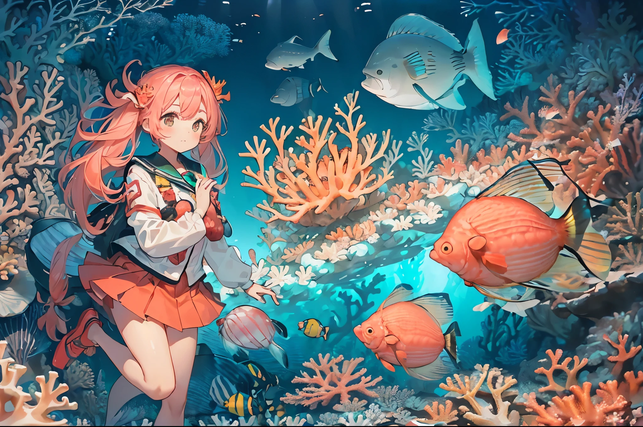 girl,standing,Long hair,twintails,hime_cut,wavy hair,Mini skirt,miko clothes,((zero gravity,weightlessness,flying,floating in the air)),((arbor)) ,wonderland,((tropical fish, flock of tropical fish, colorful tropical fish, underwater, in the sea,school of fish, seaweed,jellyfish,pillar of light)), ((large shellfish,coral reef,airbladder:1.5 )), (((larg anchor,Deep sea background ))),goddess,((((large amount of fish)))),((garden)),Visual impact
