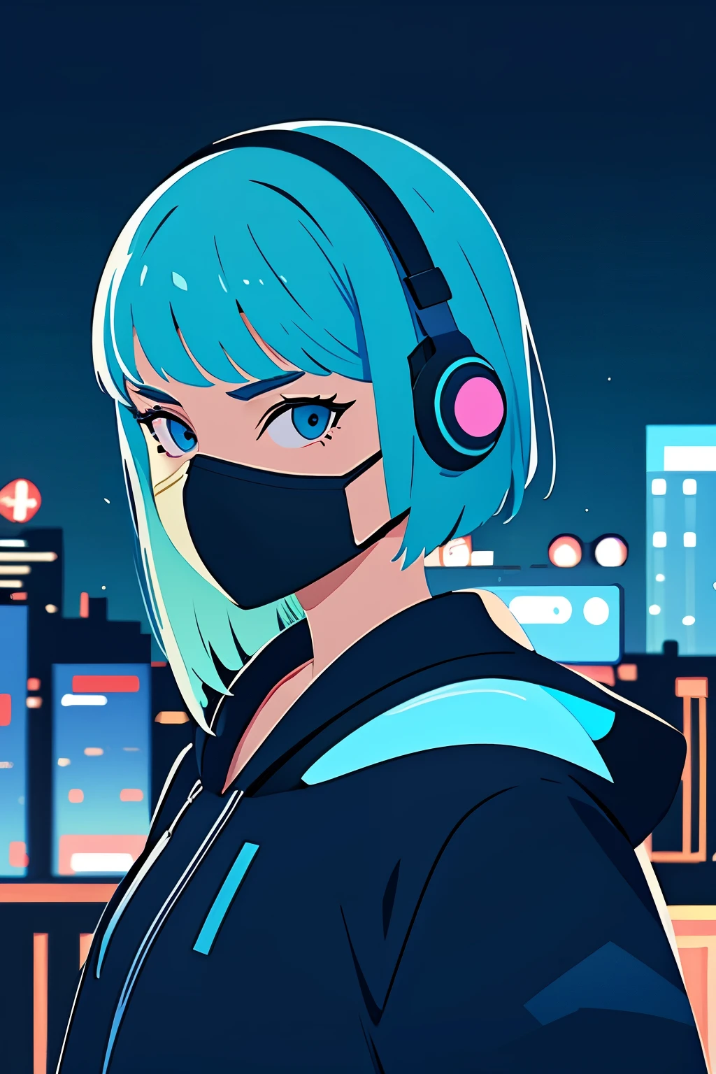 Comic style, illustration, line art style, (frontal view, facing viewer:1.2), centered, masterpiece, face portrait, | 1girl, solo, aqua hair color, short hairstyle, light blue eyes, | (neon wireless headphones headset:1), (black neon futuristic mouth mask:1), dark blue hoodie, sunset, buildings,  scenery, depth of field,futuristic city lights, neon lightokeh