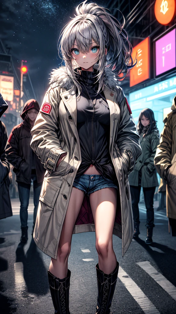 (Enrich the picture,Masterpiece level quality)Beautiful 8K CG artwork,1girl,solo,morgan le fay (fate),detailed face, perfect face, perfect eyes,blue eyes,Long Hair, pony tail,Very long hair, big boob, black bow,Hair Bow, thighs,side locks, French braid, grey hair,chuckle,Slim and soft,big breasts,cleavage,Black Bikini,denim short shorts,open shorts,oversized white fur coat,white coat,(((((hands in pocket,)))))combat boots,outdoors, night, neon lights,