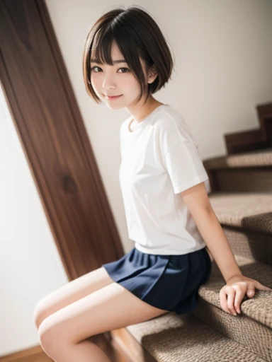 muste piece, Top quality, 8K, , japanese girl, slender, Raw photo, absurd, award-winning portraits, (detailed face, shy smile), solo, Transparent white T-shirt made of very thin material、 sailor uniform, short sleeve, idol face, super mini skirt, knee high socks, slim legs, shoes, whole body shot from the bottom of the stairs, whole body shot from a Low - Angle, detailed face), refreshing shy smile, slender girl, Golden short-cut hair, dark eyes, whole body, digital single lens reflex, look at the viewer, Frank, sophisticated, like々New, perfect whole body balance, (Low - Angle), professional lighting, (Eye and face details: 1.0), (It's blurry: 1.1)