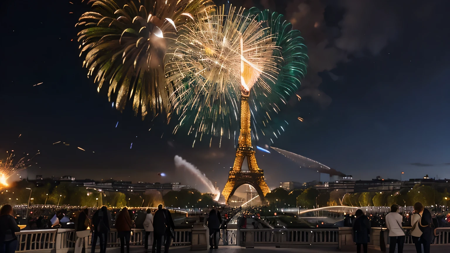 feu d'artifice dans la ville de paris, explosion de feu d'artifice sur paris