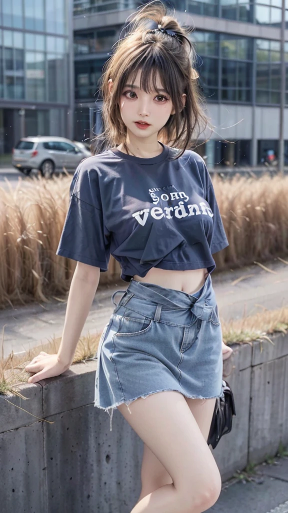 Young woman, beautiful, My hair is very long., Huge breasts, small waist, สะโพกbeautiful, flat stomach, Long, slender legs, small thighs, stand, Field in front of building, The background is blurred., Staring at the viewer, A short jean skirt has a tear., loose t-shirt, tight fitting