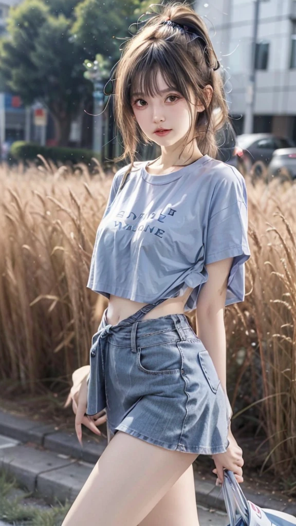 Young woman, beautiful, My hair is very long., Huge breasts, small waist, สะโพกbeautiful, flat stomach, Long, slender legs, small thighs, stand, Field in front of building, The background is blurred., Staring at the viewer, A short jean skirt has a tear., loose t-shirt, tight fitting