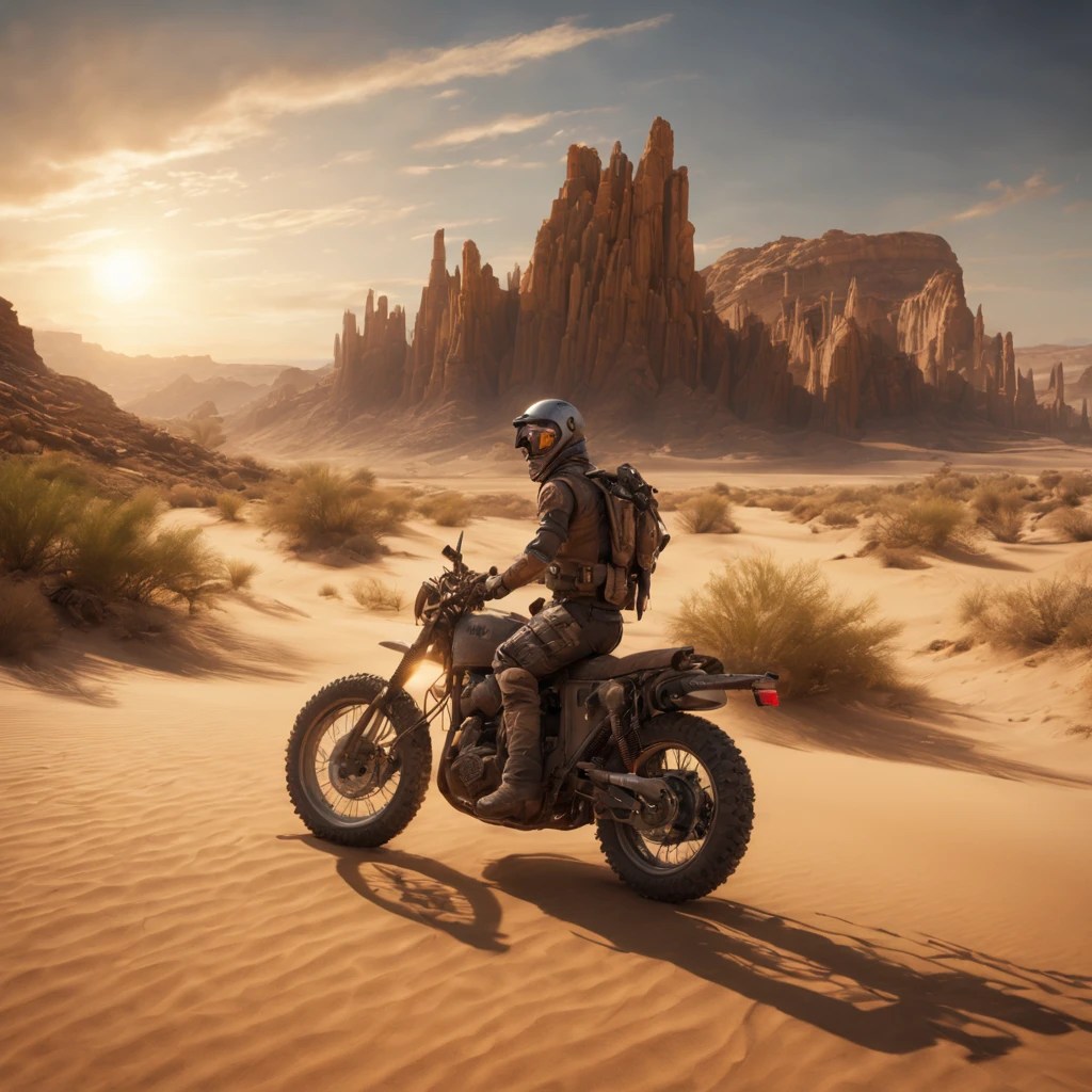 (best quality,4k,8k,highres,masterpiece:1.2),ultra-detailed,(realistic,photorealistic,photo-realistic:1.37),desert canyon,crazy Max riding,a post-apocalyptic punk-style motorcycle,gritty,scorching hot weather,dusty winds,sand dunes,rock formations,harsh terrain,dilapidated buildings,remnants of civilization,abandoned vehicles,desolate landscape,vibrant sunset colors,harsh sunlight,desert flora and fauna,subtle lens flares,contrasting shadows,high contrast,gritty textures,dramatic lighting,moody atmosphere,alien-like rock formations