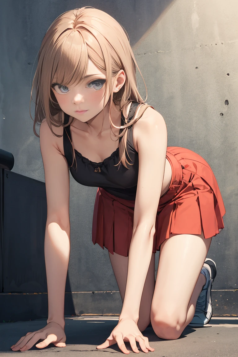 The cute girl bent down, ((side view:0.5))