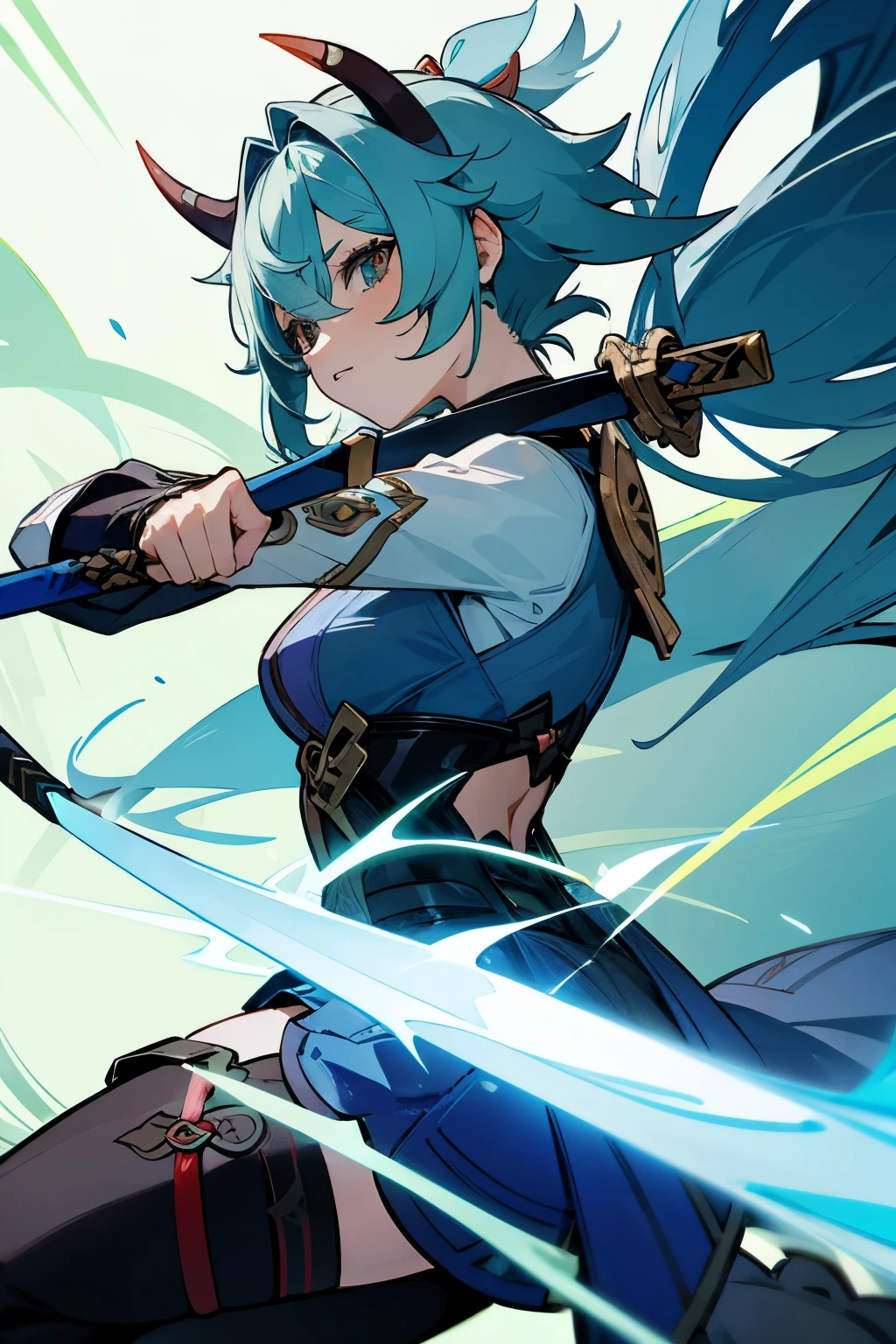 genshin impact character green female oni blue horn with sword