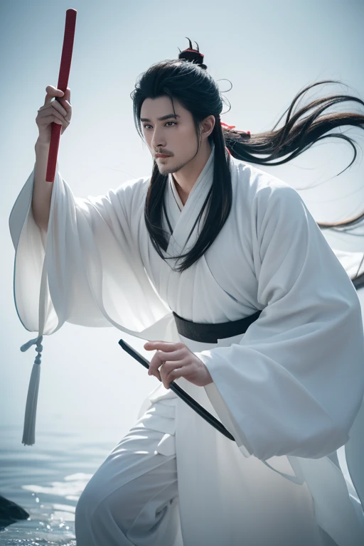 Close-up of man in black robe holding fan and spinning in circles, white hanfu, Inspired by Zhang Han, cai xukun, Beautiful and handsome prince, Beautifully, heise jinyao, full body martial arts, inspired by Guan Daosheng, flowing hair and gown, Inspired by Gu An, hanfu, flowing white robe，Background ancient chinese city