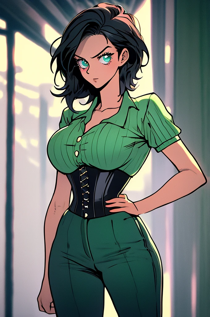 woman, short pixie black hair, blue ringed eyes, green shirt, black corset, black pants