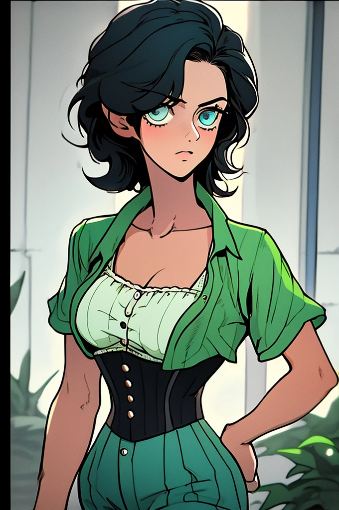 woman, short pixie black hair, blue ringed eyes, green shirt, black corset, black pants