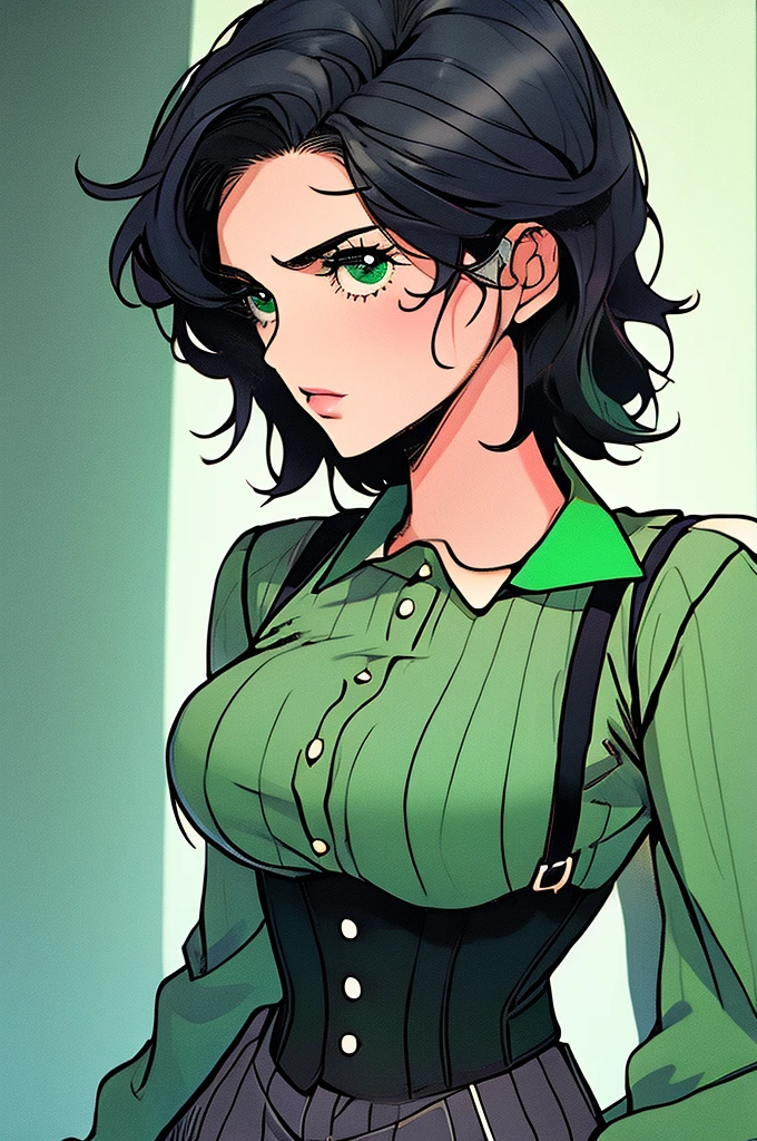 woman, short pixie black hair, blue ringed eyes, green shirt, black corset, black pants