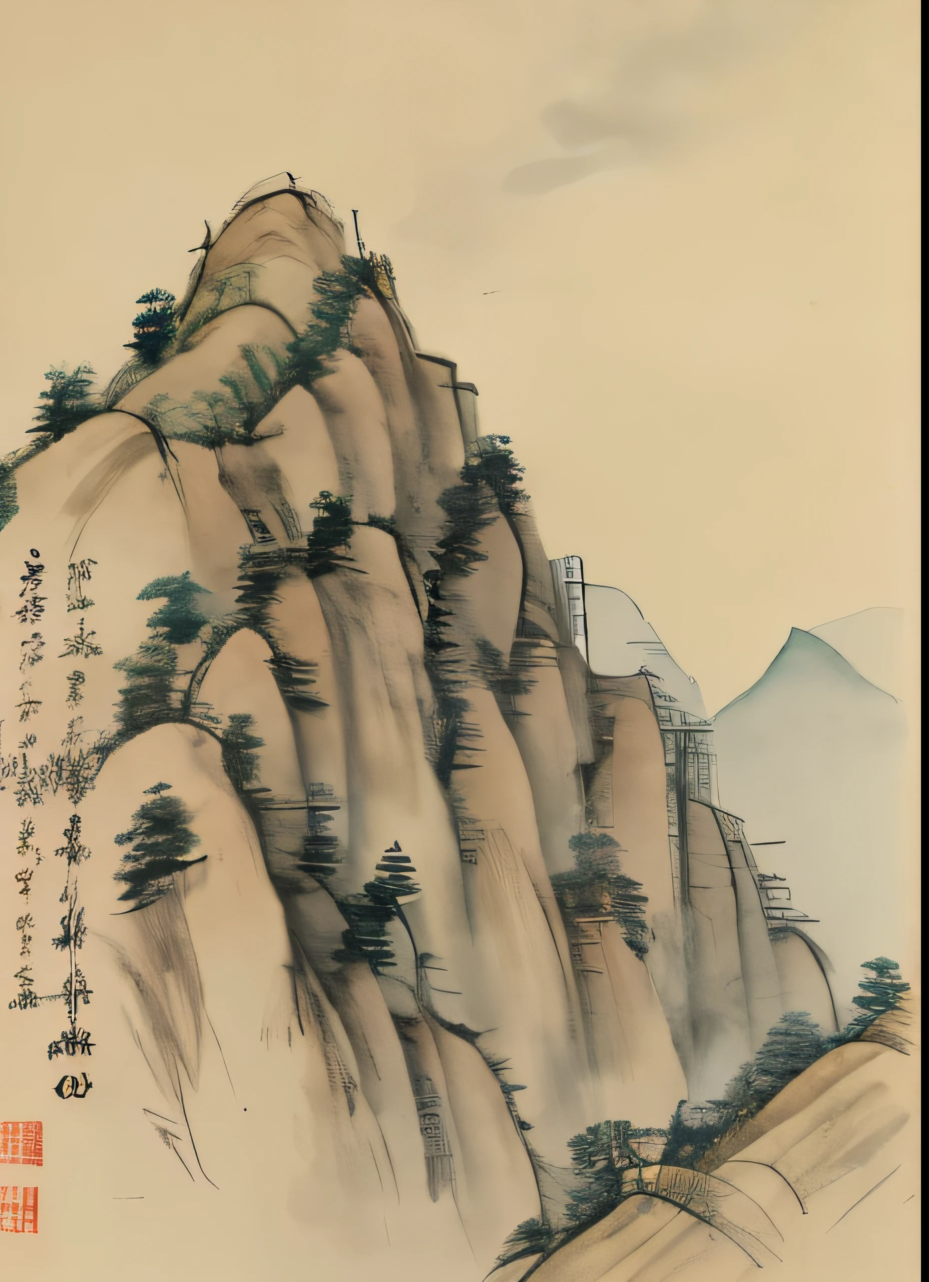 Close-up of mountains with sky as background, Chinese scenery,,song, author：Wang Ximeng,  Chinese style painting, Chinese Arts, , Ming Dynasty, Inspired by Ma Lin