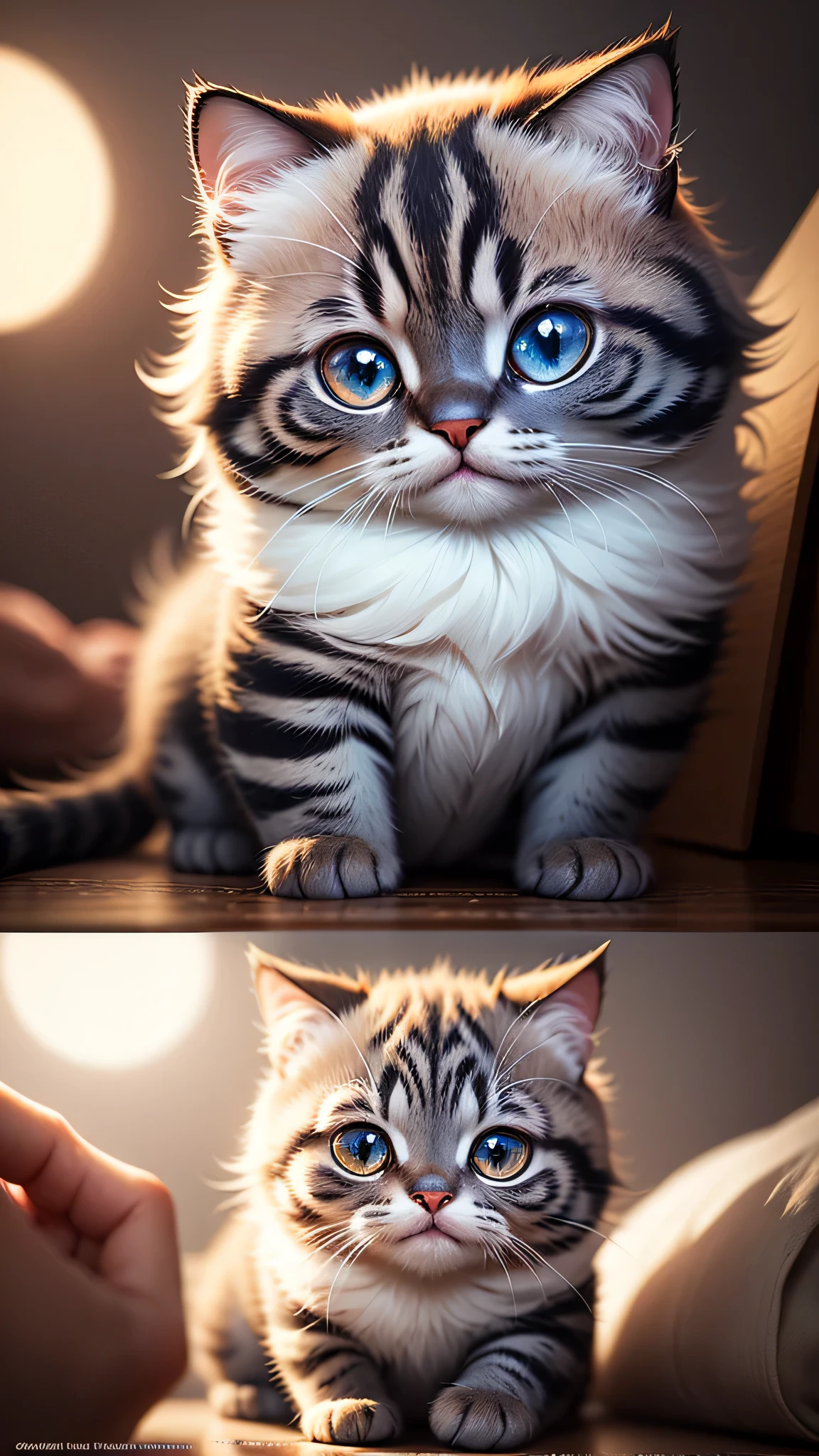 cute little surreal cat、Scottish Fold、Little、adorable fluffy、cinematic lighting effects、Charming、cute and quirky、fantasy art、Bokeh、digital painting、soft lighting、4K resolution、 photorealistic rendering、very detailed、a realistic masterpiece、professional photography、